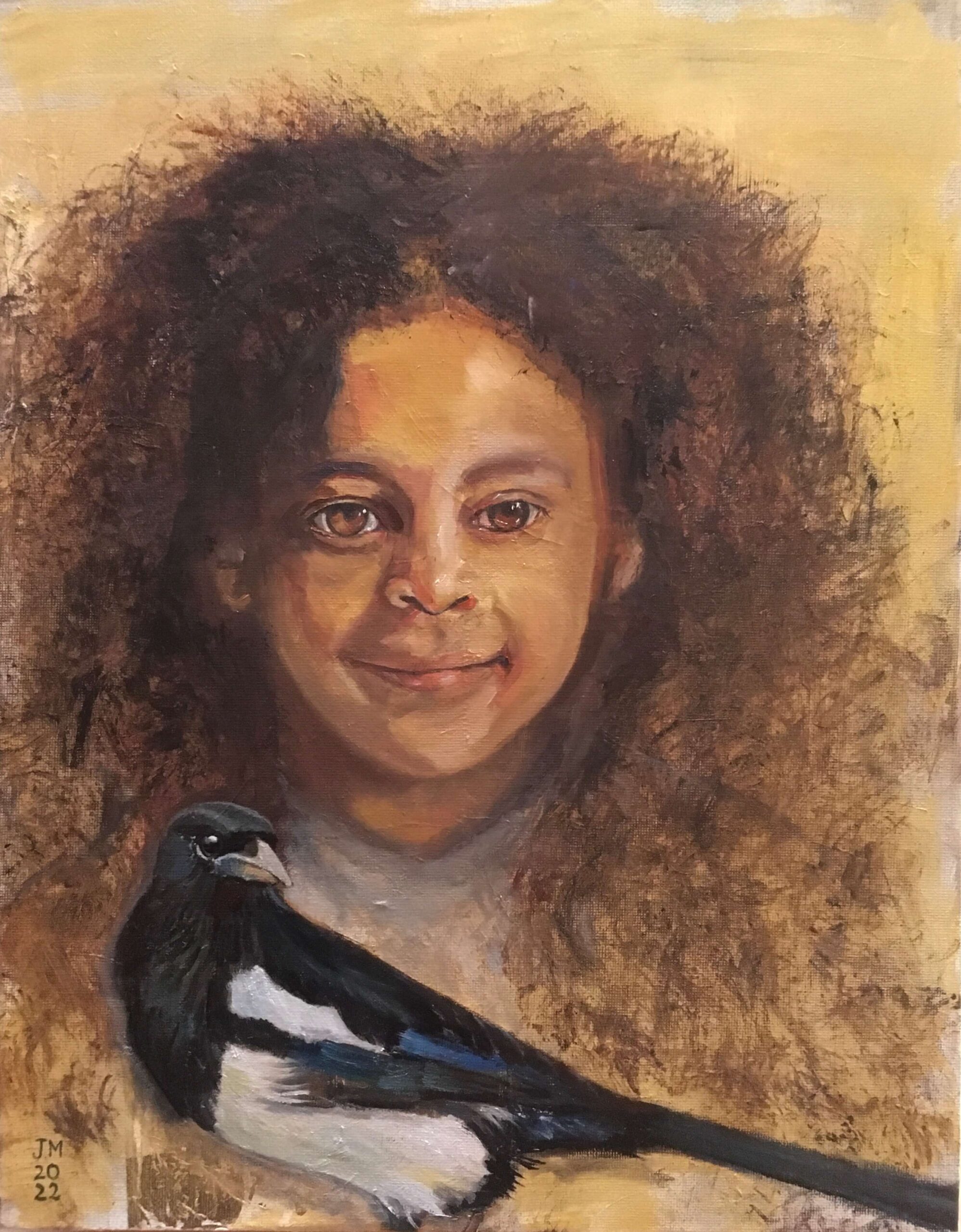 Painting of girl with magpie bird